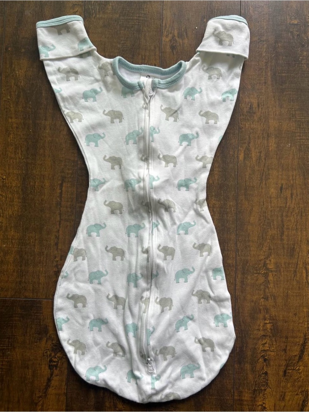 Baby Zip Sleep Sack in White with Mint & Gray Elephant Print